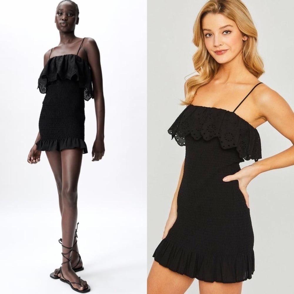 NWT ZARA Sleeveless Smocked Embroidered Ruffle Square Neck Bodycon‎ Mini Dress S